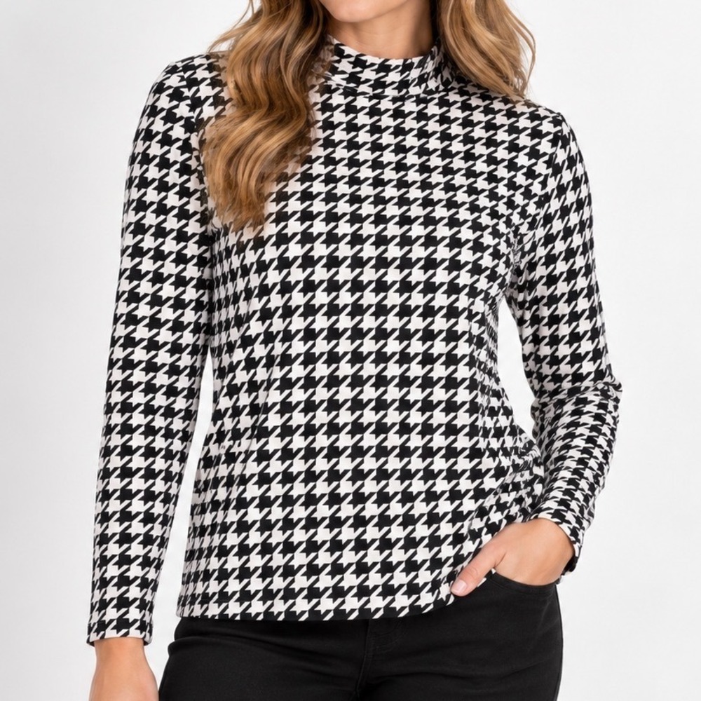 Kim Rogers Houndstooth Mock Neck Top XL Black White Old Money Classic Preppy